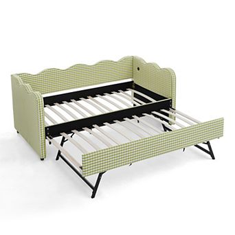 Trikiousd Twin Size Gingham Daybed Wave Shaped Extendable Linen Sofa Bed with Pull-out Trundle & USB
