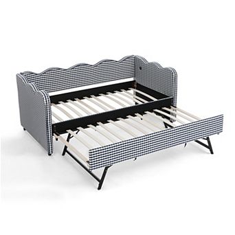 Trikiousd Twin Size Gingham Daybed Wave Shaped Extendable Linen Sofa Bed with Pull-out Trundle & USB