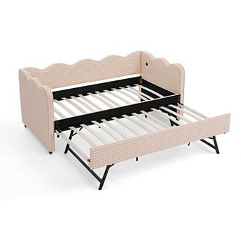 Trikiousd Twin Size Gingham Daybed Wave Shaped Extendable Linen Sofa Bed with Pull-out Trundle & USB