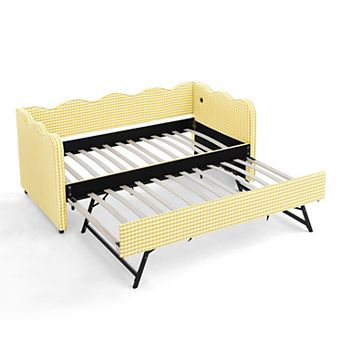 Trikiousd Twin Size Gingham Daybed Wave Shaped Extendable Linen Sofa Bed with Pull-out Trundle & USB