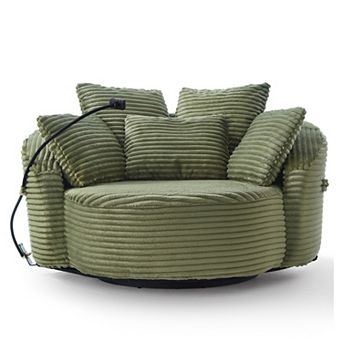 Trikiousd 360° Swivel Barrel Chair Corduroy Accent Chair with Pillows and Phone Holder