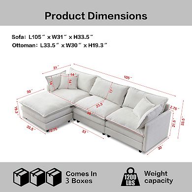 Trikiousd 105" Modular Sectional Sofa with Ottoman, Chenille L-Shape Couch 3-Seater