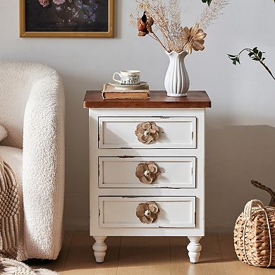 Trikiousd Vintage Wooden Nightstand Accent Table, 3 Drawers Bedside Table with Floral Knobs