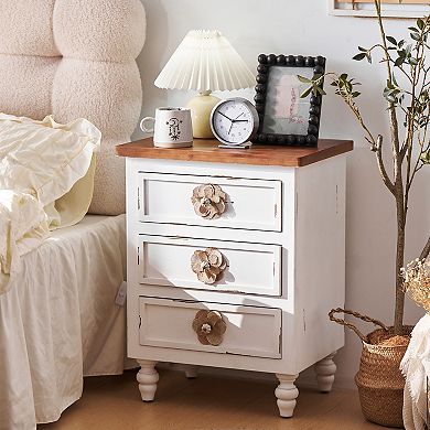 Trikiousd Vintage Wooden Nightstand Accent Table, 3 Drawers Bedside Table with Floral Knobs