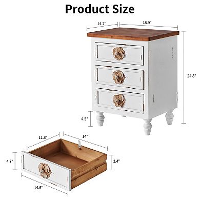 Trikiousd Vintage Wooden Nightstand Accent Table, 3 Drawers Bedside Table with Floral Knobs