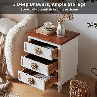 Trikiousd Vintage Wooden Nightstand Accent Table, 3 Drawers Bedside Table with Floral Knobs