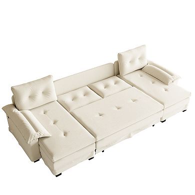 Trikiousd U-Shaped Sleeper Sofa Pull Out Bed, Chenille Sectional Modular Couch with USB Ports
