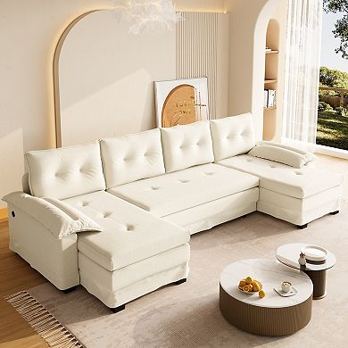 Trikiousd U-Shaped Sleeper Sofa Pull Out Bed, Chenille Sectional Modular Couch with USB Ports