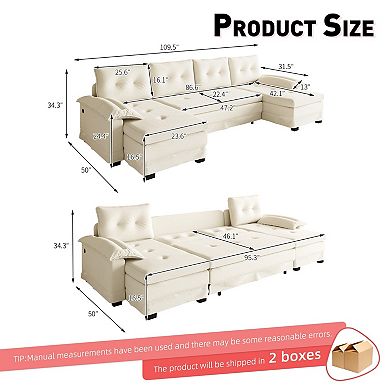 Trikiousd U-Shaped Sleeper Sofa Pull Out Bed, Chenille Sectional Modular Couch with USB Ports