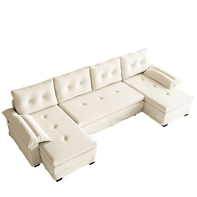 Trikiousd U-Shaped Sleeper Sofa Pull Out Bed, Chenille Sectional Modular Couch with USB Ports