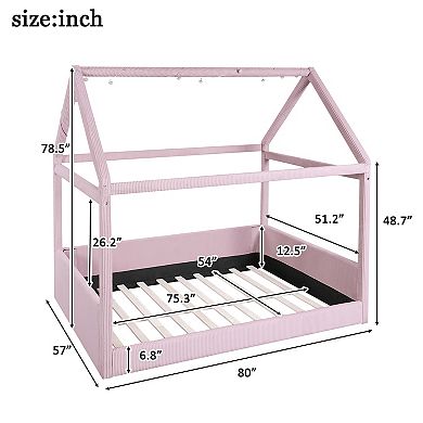 Trikiousd Modern Upholstered Montessori House Bed Kids Floor Bed Frame with LED Light