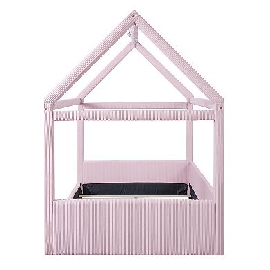 Trikiousd Modern Upholstered Montessori House Bed Kids Floor Bed Frame with LED Light