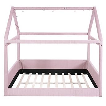 Trikiousd Modern Upholstered Montessori House Bed Kids Floor Bed Frame with LED Light