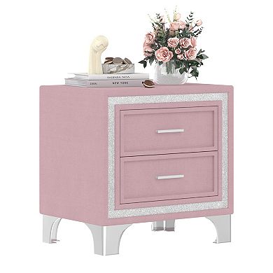 Trikiousd Nightstand Bedside Table with Silver Glitter Strip Decor