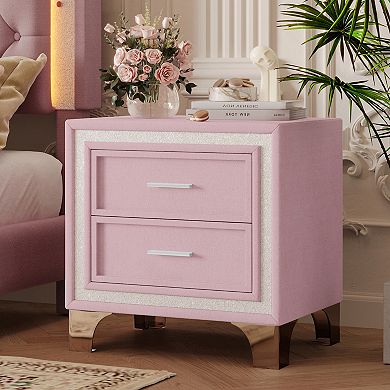 Trikiousd Nightstand Bedside Table with Silver Glitter Strip Decor