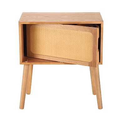 Trikiousd Rotating Hidden Compartment Nightstand Mid Century Modern Rattan Bed Side Table