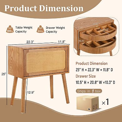 Trikiousd Rotating Hidden Compartment Nightstand Mid Century Modern Rattan Bed Side Table