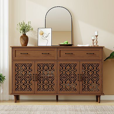 Trikiousd Vintage Sideboard Hand-Carved Hollow Doors Buffet Storage Cabinet