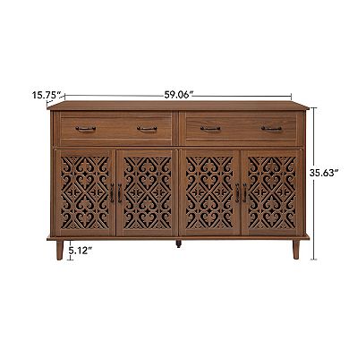 Trikiousd Vintage Sideboard Hand-Carved Hollow Doors Buffet Storage Cabinet