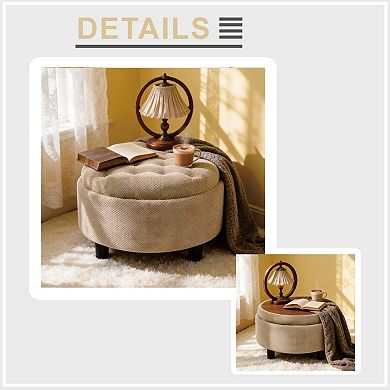 Trikiousd Small Storage Ottoman Round Footstool, Wooden Top Side Table Fabric Upholstered Pouf