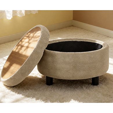 Trikiousd Small Storage Ottoman Round Footstool, Wooden Top Side Table Fabric Upholstered Pouf