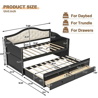 Trikiousd Wooden Daybed European-Style Twin Sofa Bed Frame w/ Trundle & 2 Storage Drawers