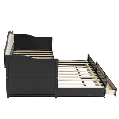 Trikiousd Wooden Daybed European-Style Twin Sofa Bed Frame w/ Trundle & 2 Storage Drawers