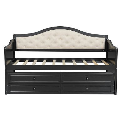 Trikiousd Wooden Daybed European-Style Twin Sofa Bed Frame w/ Trundle & 2 Storage Drawers
