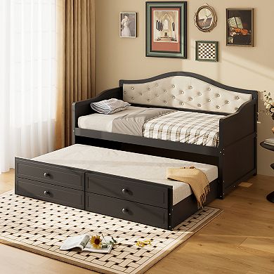 Trikiousd Wooden Daybed European-Style Twin Sofa Bed Frame w/ Trundle & 2 Storage Drawers