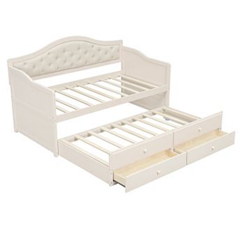 Trikiousd Wooden Daybed European-Style Twin Sofa Bed Frame w/ Trundle & 2 Storage Drawers