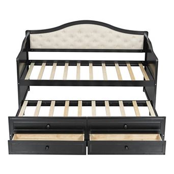 Trikiousd Wooden Daybed European-Style Twin Sofa Bed Frame w/ Trundle & 2 Storage Drawers