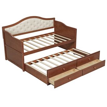 Trikiousd Wooden Daybed European-Style Twin Sofa Bed Frame w/ Trundle & 2 Storage Drawers
