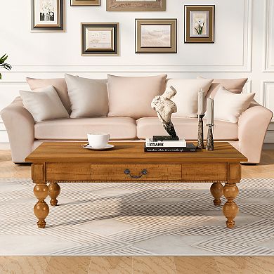 Trikiousd Rectangular Wooden Coffee Table with Storage Drawer and Gourd-Shaped Legs