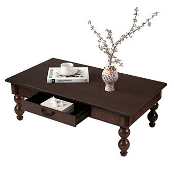 Trikiousd Rectangular Wooden Coffee Table with Storage Drawer and Gourd-Shaped Legs