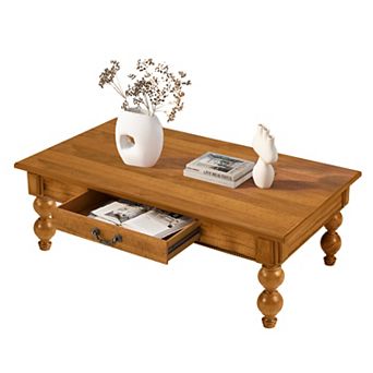 Trikiousd Rectangular Wooden Coffee Table with Storage Drawer and Gourd-Shaped Legs