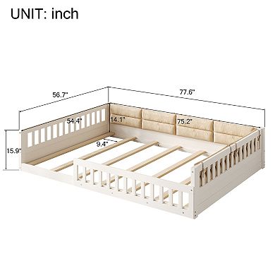 Trikiousd Montessori Floor Bed Full Size Wood Bed Frame w/ Safety Guardrails & Upholstered Pillow