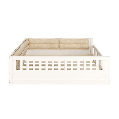 Trikiousd Montessori Floor Bed Full Size Wood Bed Frame w/ Safety Guardrails & Upholstered Pillow