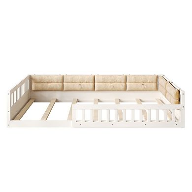 Trikiousd Montessori Floor Bed Full Size Wood Bed Frame w/ Safety Guardrails & Upholstered Pillow