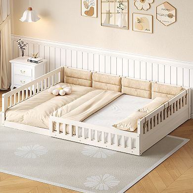 Trikiousd Montessori Floor Bed Full Size Wood Bed Frame w/ Safety Guardrails & Upholstered Pillow