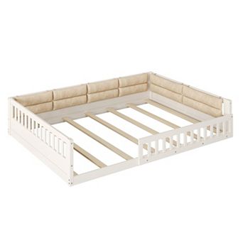 Trikiousd Montessori Floor Bed Full Size Wood Bed Frame w/ Safety Guardrails & Upholstered Pillow