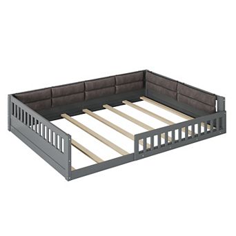 Trikiousd Montessori Floor Bed Full Size Wood Bed Frame w/ Safety Guardrails & Upholstered Pillow