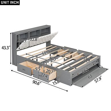 Trikiousd Queen Size Wooden Platform Bed w/ Flip-top Storage Headboard, 4 Drawers & Shoe Rack