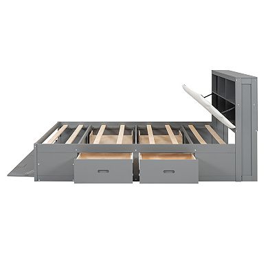 Trikiousd Queen Size Wooden Platform Bed w/ Flip-top Storage Headboard, 4 Drawers & Shoe Rack