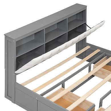 Trikiousd Queen Size Wooden Platform Bed w/ Flip-top Storage Headboard, 4 Drawers & Shoe Rack