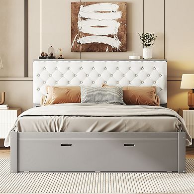 Trikiousd Queen Size Wooden Platform Bed w/ Flip-top Storage Headboard, 4 Drawers & Shoe Rack