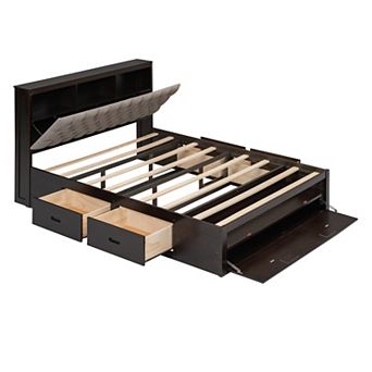 Trikiousd Queen Size Wooden Platform Bed w/ Flip-top Storage Headboard, 4 Drawers & Shoe Rack