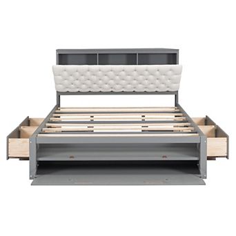 Trikiousd Queen Size Wooden Platform Bed w/ Flip-top Storage Headboard, 4 Drawers & Shoe Rack