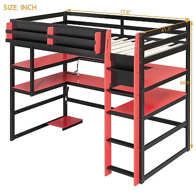 Trikiousd RGB Gaming Loft Bed Twin Size Wooden Bed Frame w/ Desk, Multi-Storage Shelves