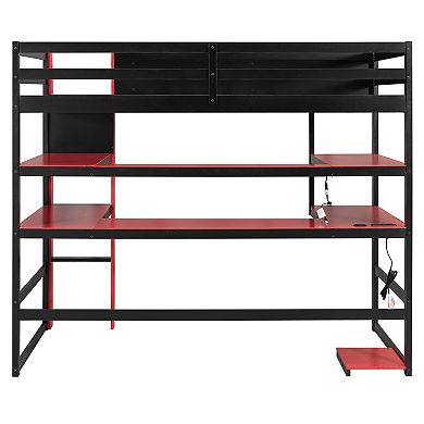 Trikiousd RGB Gaming Loft Bed Twin Size Wooden Bed Frame w/ Desk, Multi-Storage Shelves