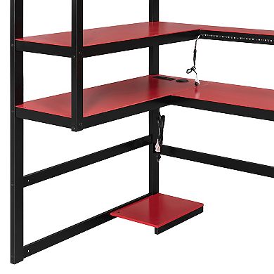 Trikiousd RGB Gaming Loft Bed Twin Size Wooden Bed Frame w/ Desk, Multi-Storage Shelves